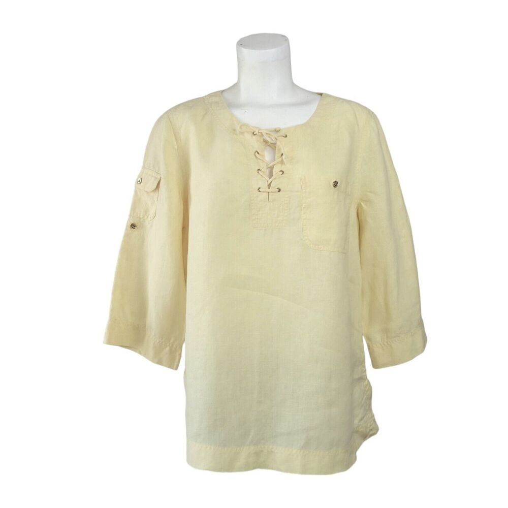 Lauren Ralph Lauren Sz L 100% Linen Yellow Women's Blouse Roll Tab Sleeve EUC